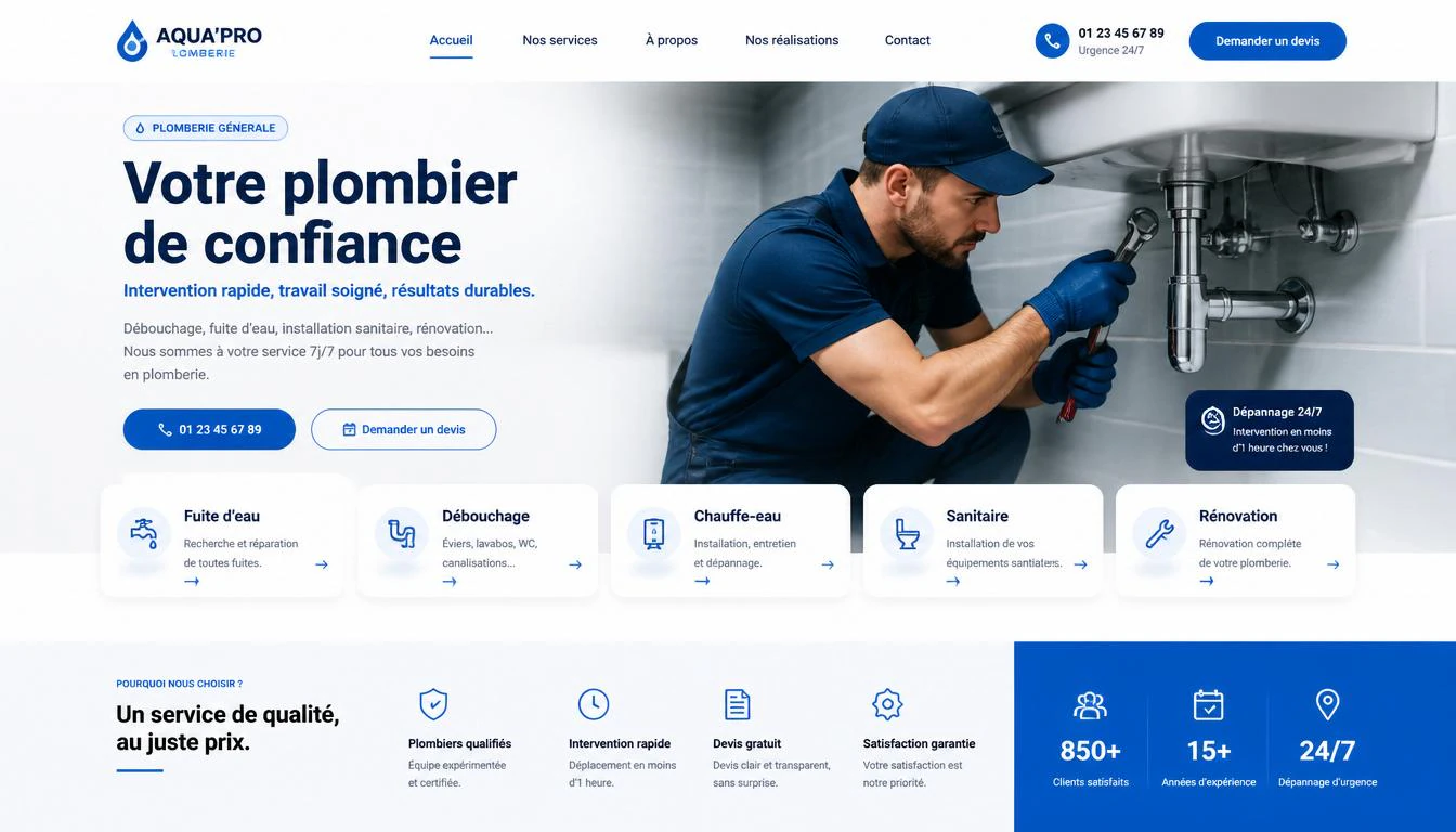 Exemple de site internet réalisé pour un plombier local par CORPO IA