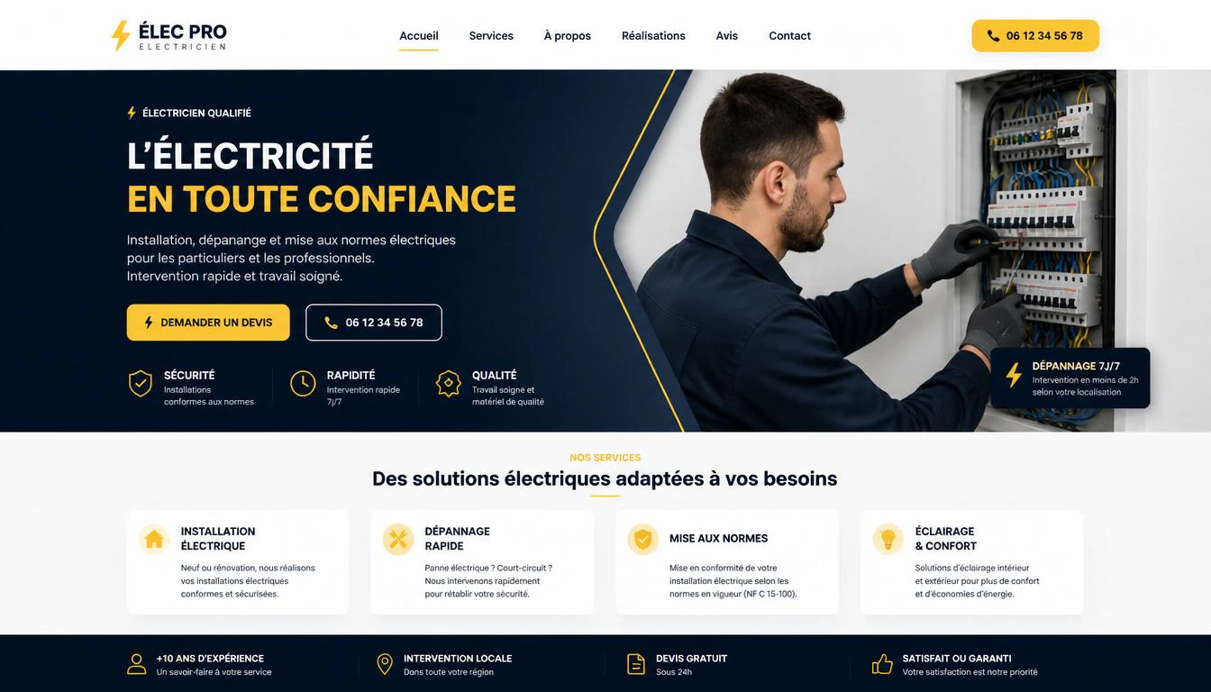 Mockup d'une landing page premium pour un artisan électricien