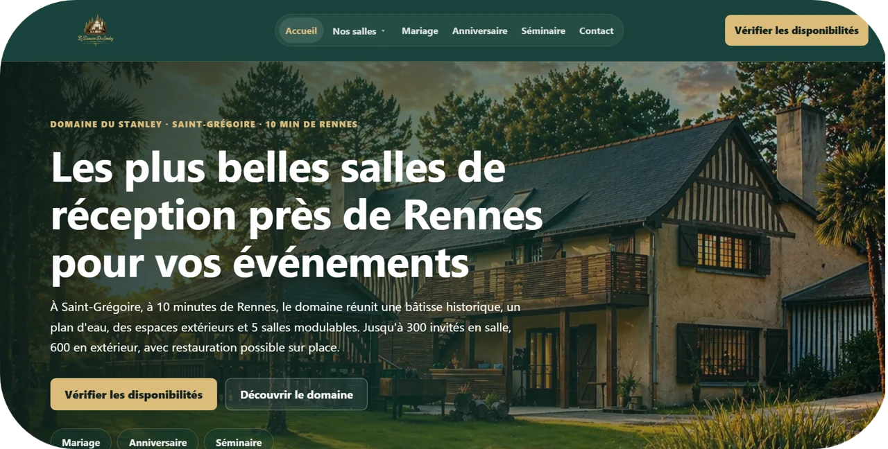 Mockup d'une landing page premium pour une salle de réception