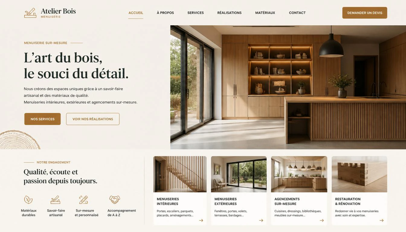 Site vitrine pour menuisier réalisé par CORPO IA — exemple de production